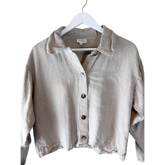 Sundance Catalog Linen Button Down Shirt Oatmeal Beige Boxy Cropped S Neutral - Picture 2 of 6